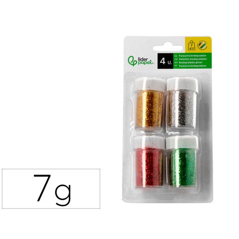 Purpurina liderpapel biodegradable fantasia bote 7 gr colores metalicos surtidos blister de 4 unidades