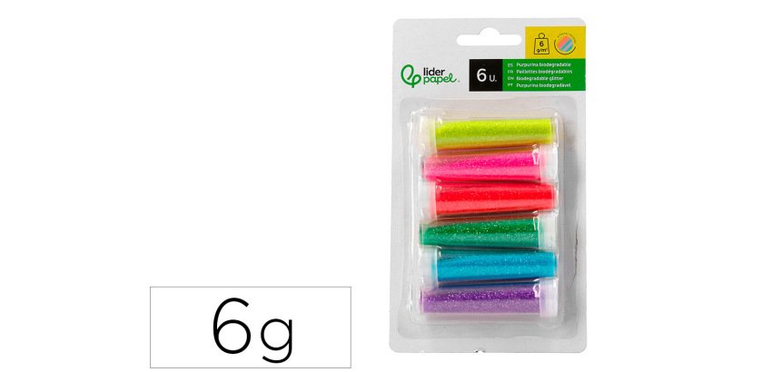 Purpurina liderpapel biodegradable fantasia bote 6 gr colores metalicos pastel surtidos blister de 6 unidades