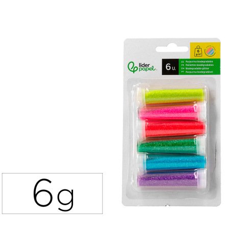 Purpurina liderpapel biodegradable fantasia bote 6 gr colores metalicos pastel surtidos blister de 6 unidades