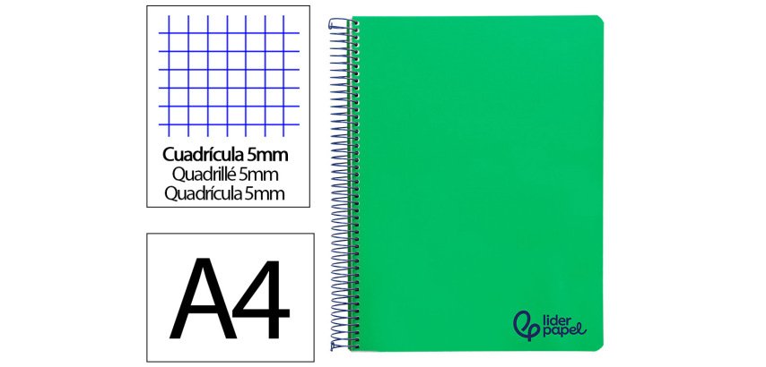 Cuaderno espiral liderpapel a4 micro wonder tapa plastico 120h 90gr cuadro 5mm 5 bandas 4 taladros color verde oscuro