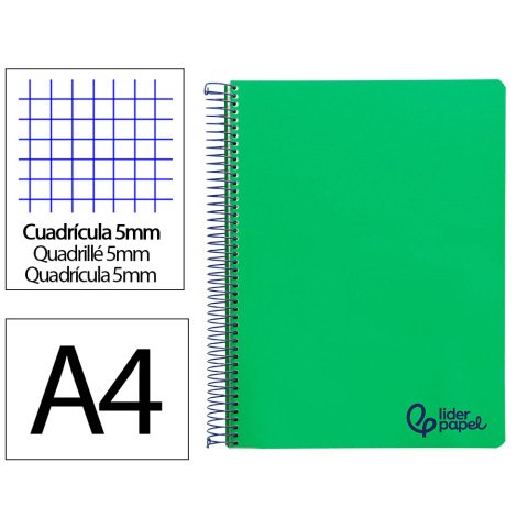 Cuaderno espiral liderpapel a4 micro wonder tapa plastico 120h 90gr cuadro 5mm 5 bandas 4 taladros color verde oscuro