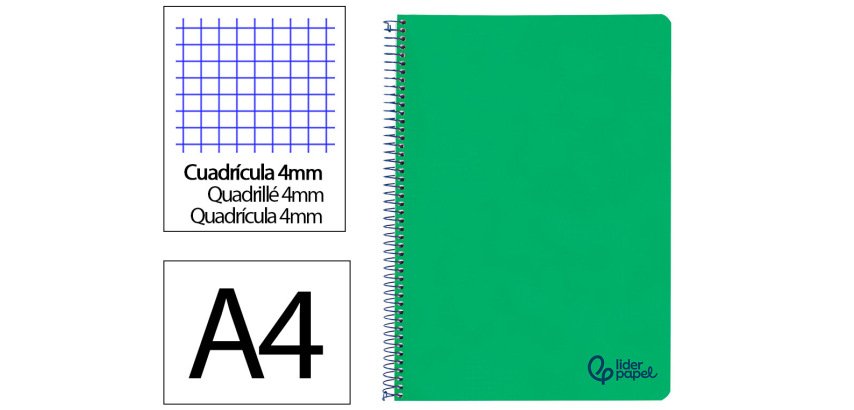 Cuaderno espiral liderpapel a4 wonder tapa plastico 80h 90gr cuadro 4mm con margen color verde oscuro