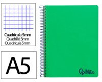 Cuaderno espiral liderpapel a5 micro wonder tapa plastico 120h 90gr cuadro 5mm 5 bandas 6 taladros color verde oscuro