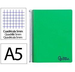 Cuaderno espiral liderpapel a5 micro wonder tapa plastico 120h 90gr cuadro 5mm 5 bandas 6 taladros color verde oscuro