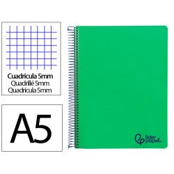Cuaderno espiral liderpapel a5 micro wonder tapa plastico 120h 90gr cuadro 5mm 5 bandas 6 taladros color verde oscuro