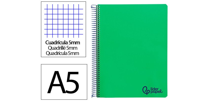 Cuaderno espiral liderpapel a5 micro wonder tapa plastico 120h 90gr cuadro 5mm 5 bandas 6 taladros color verde oscuro