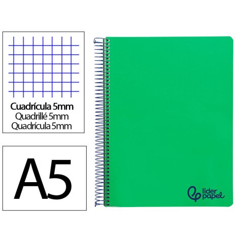 Cuaderno espiral liderpapel a5 micro wonder tapa plastico 120h 90gr cuadro 5mm 5 bandas 6 taladros color verde oscuro