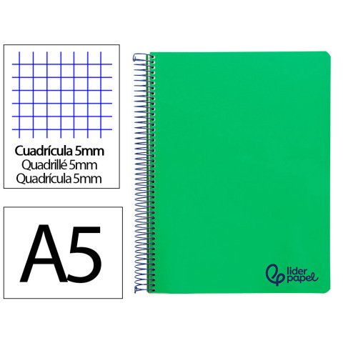 Cuaderno espiral liderpapel a5 micro wonder tapa plastico 120h 90gr cuadro 5mm 5 bandas 6 taladros color verde oscuro