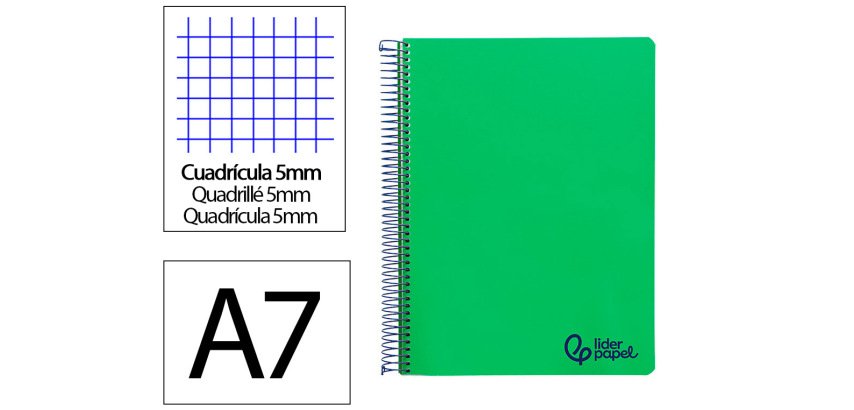 Cuaderno espiral liderpapel a7 micro wonder tapa plastico 100h 90gr cuadro 5mm 4 bandas color verde oscuro