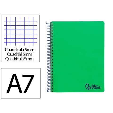 Cuaderno espiral liderpapel a7 micro wonder tapa plastico 100h 90gr cuadro 5mm 4 bandas color verde oscuro