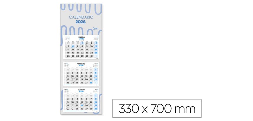 Calendario pared liderpapel 3 meses vistas 2026 plegable 33x70 cm papel 90 gr