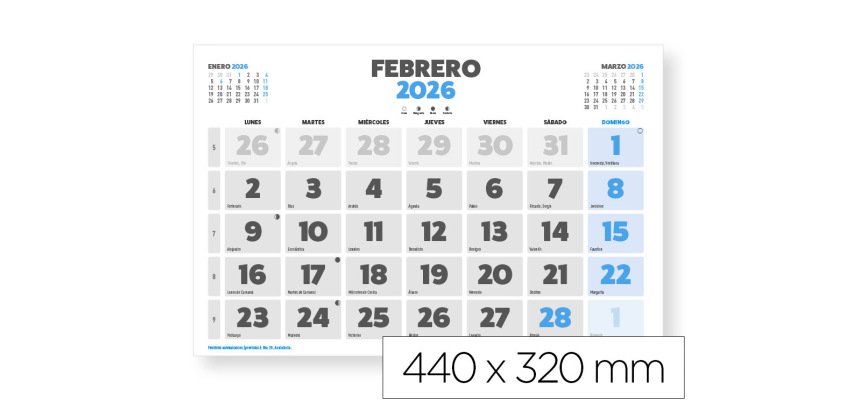 Calendario pared liderpapel clasico 2026 lomo engomado 44x32 cm papel 128 gr