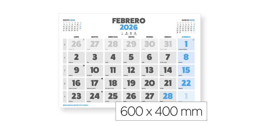 Calendario pared liderpapel clasico 2026 lomo engomado 60x40 cm papel 105 gr
