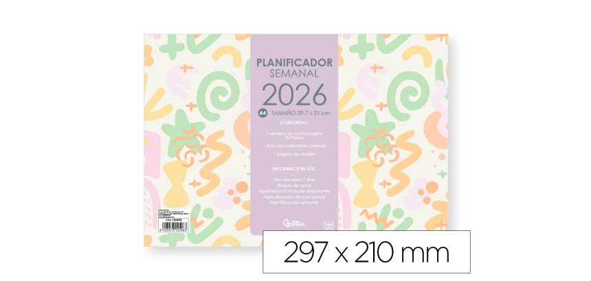 Planning semanal liderpapel joven 2026 29,7x21 cm din a4 con pegatinas papel 104 gr