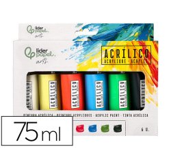 Pintura acrilica liderpapel caja de 6 tubos de plastico de 75 ml colores basicos