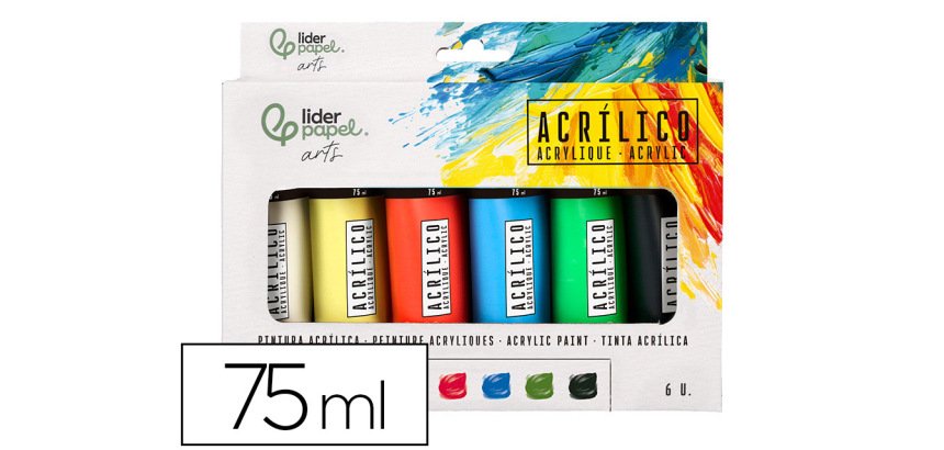 Pintura acrilica liderpapel caja de 6 tubos de plastico de 75 ml colores basicos