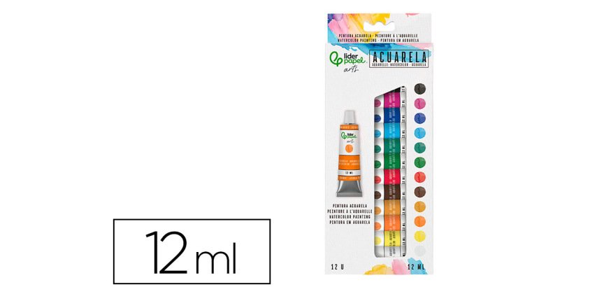 Pintura de acuarela liderpapel caja de 12 tubos de aluminio de 12 ml colores surtidos