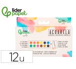 Acuarela liderpapel 12 colores con pincel de agua rellenable y esponja estuche de plastico
