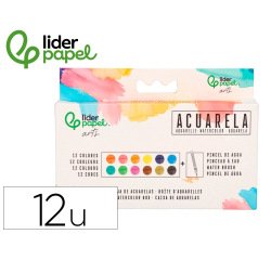 Acuarela liderpapel 12 colores con pincel de agua rellenable y esponja estuche de plastico