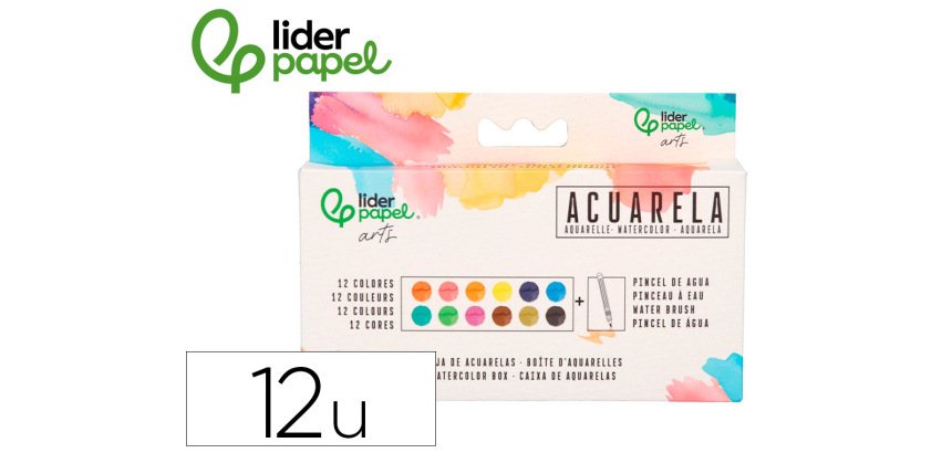 Acuarela liderpapel 12 colores con pincel de agua rellenable y esponja estuche de plastico