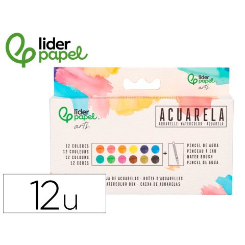 Acuarela liderpapel 12 colores con pincel de agua rellenable y esponja estuche de plastico