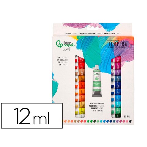 Tempera gouache liderpapel caja de 24 tubos de aluminio de 12 ml colores surtidos
