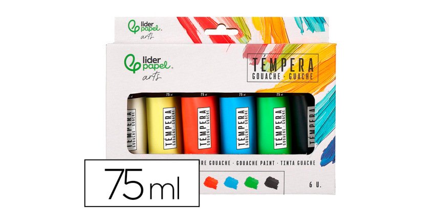 Tempera gouache liderpapel caja de 6 tubos de plastico de 75 ml colores surtidos
