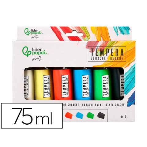Tempera gouache liderpapel caja de 6 tubos de plastico de 75 ml colores surtidos