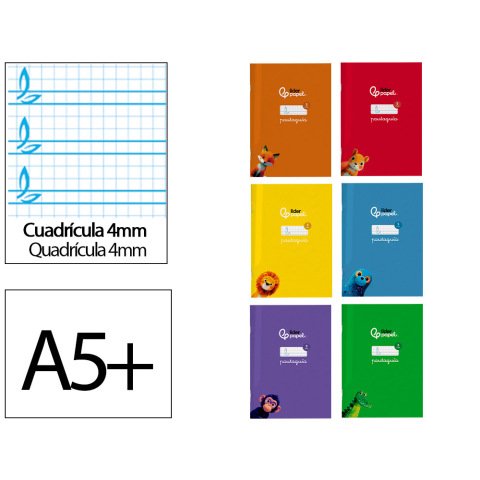 Libreta liderpapel pautaguia tapa cartoncillo 32h a5+ 75gr cuadriculado pautado 4mm con margen 6 colores surtidos