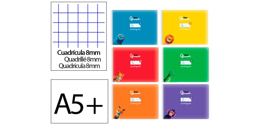 Libreta liderpapel pautaguia tapa cartoncillo 32h din a5+ 75gr cuadriculado pautado 8mm apaisada con margen 6 colores