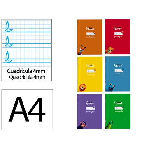Libreta liderpapel pautaguia tapa cartoncillo 32h a4 75gr cuadriculado pautado 4mm con margen 6 colores surtidos