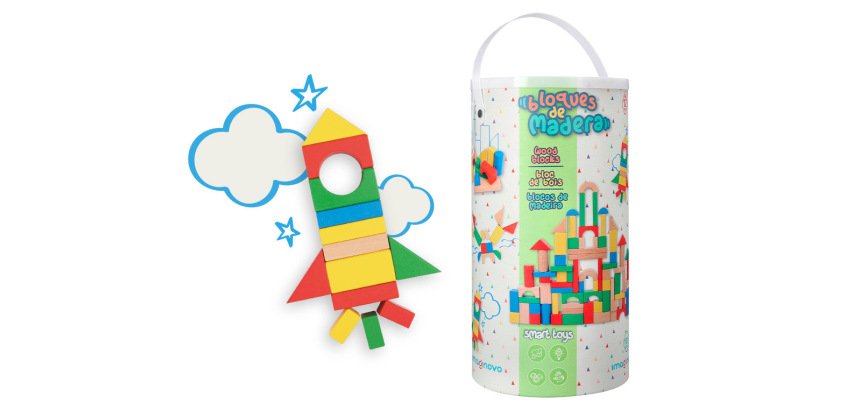 Juego infantil imaginovo madera construccion de bloques +12 meses 100 piezas 29x29x3,5cm