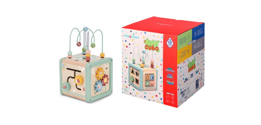 Juego infantil imaginovo madera cubo de actividades +18 meses 15,5x15,5x28cm