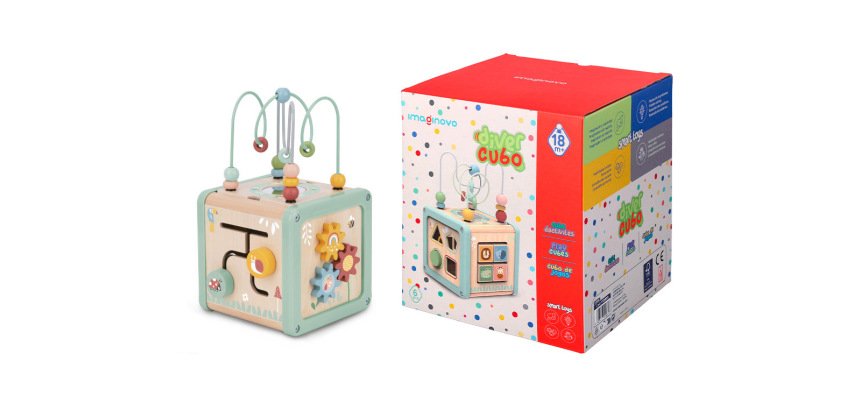 Juego infantil imaginovo madera cubo de actividades +18 meses 15,5x15,5x28cm