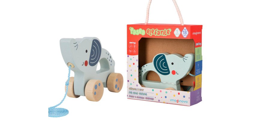 Juego infantil imaginovo madera elefante para arrastrar con ruedas +12 meses 13,4x10x5,4cm