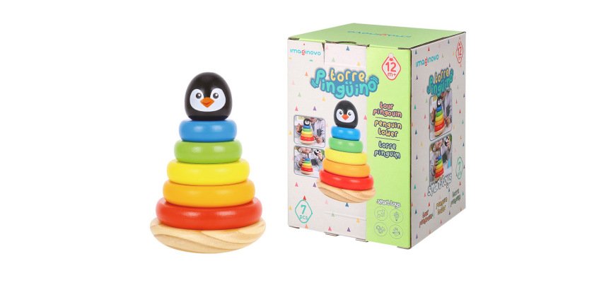 Juego infantil imaginovo madera forma de pinguino torre de formas apilables +12 meses 7 piezas 18x12x12cm