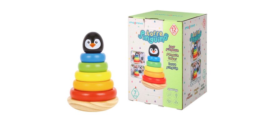 Juego infantil imaginovo madera forma de pinguino torre de formas apilables +12 meses 7 piezas 18x12x12cm