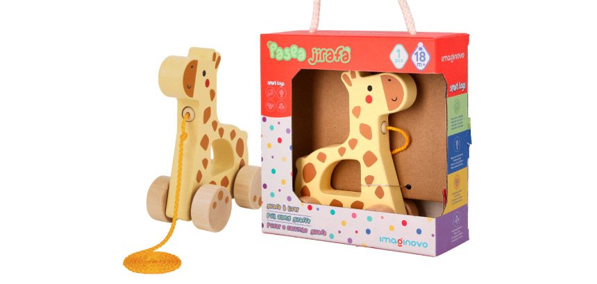 Juego infantil imaginovo madera jirafa para arrastrar con ruedas +12 meses 16x12x5,4cm