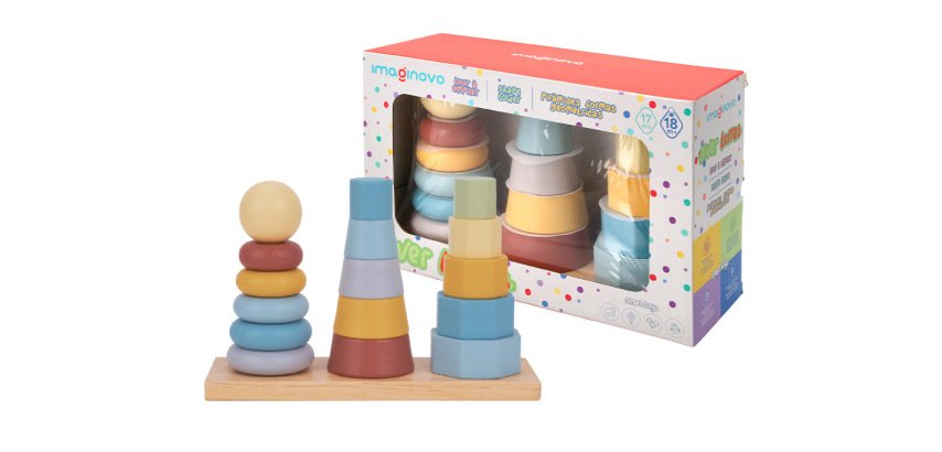 Juego infantil imaginovo madera torre de formas apilables +18 meses 17 piezas 28x20x9cm