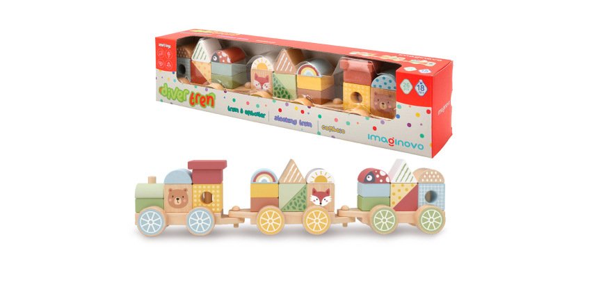 Juego infantil imaginovo madera tren figuras apilables con ruedas +18 meses 38x9,5x7,5cm