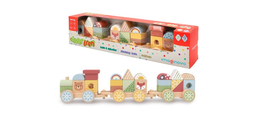 Juego infantil imaginovo madera tren figuras apilables con ruedas +18 meses 38x9,5x7,5cm
