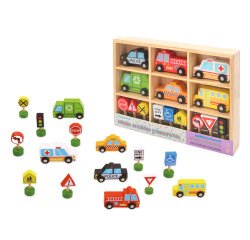 Juego infantil imaginovo madera vehiculos y señales de trafico +3 años 16 piezas 30x22x4cm