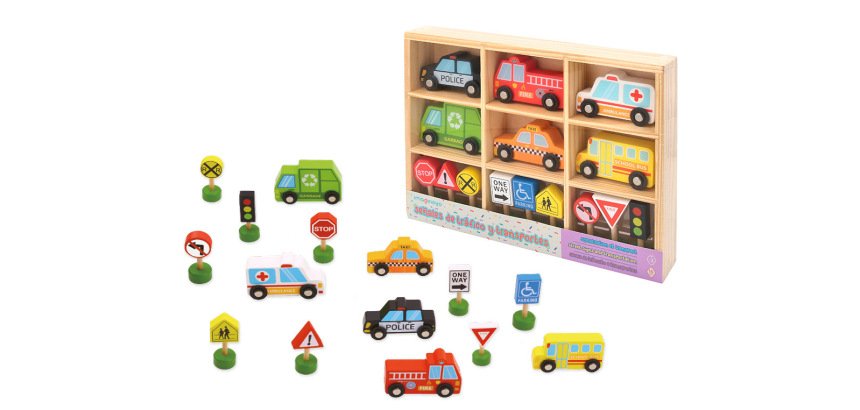 Juego infantil imaginovo madera vehiculos y señales de trafico +3 años 16 piezas 30x22x4cm
