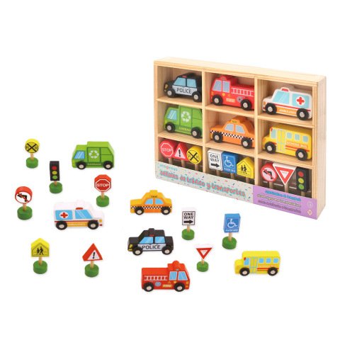 Juego infantil imaginovo madera vehiculos y señales de trafico +3 años 16 piezas 30x22x4cm