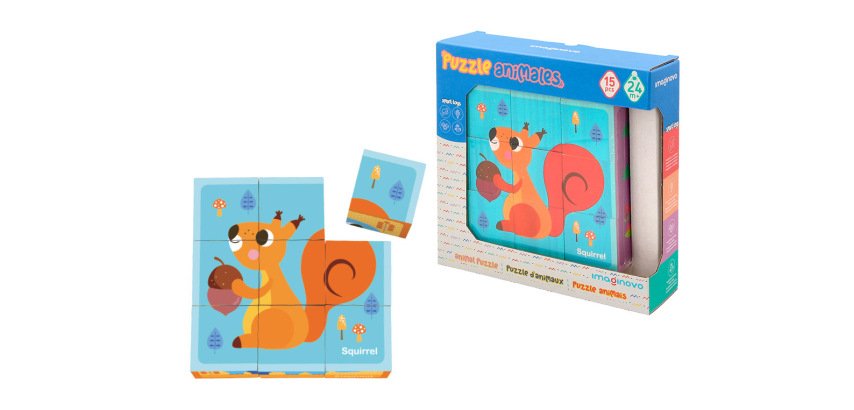 Puzle infantil imaginovo madera cubos de animales +24 meses 15 piezas incluye 12 patrones 22x22x6,4cm