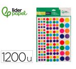 Gomets liderpapel autoadhesivo circulos colores y tamaños surtidos bolsa de 10 hojas 1200 unidades