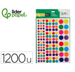 Gomets liderpapel autoadhesivo circulos colores y tamaños surtidos bolsa de 10 hojas 1200 unidades