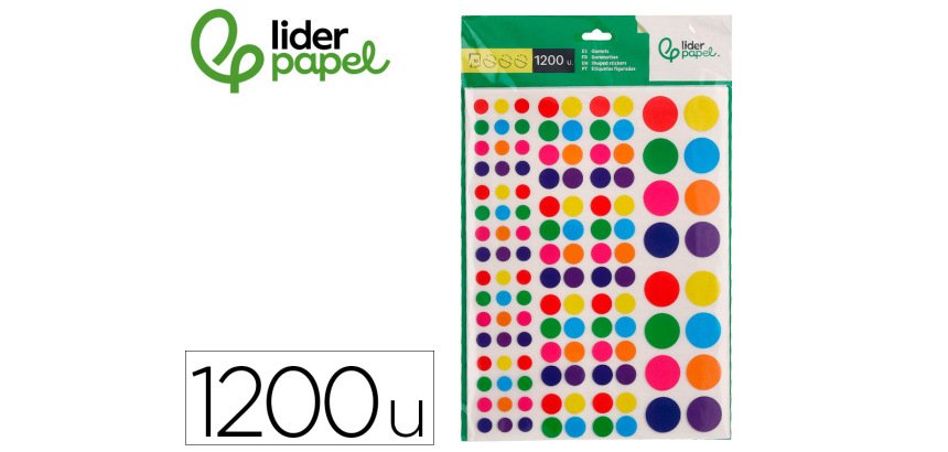 Gomets liderpapel autoadhesivo circulos colores y tamaños surtidos bolsa de 10 hojas 1200 unidades
