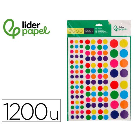 Gomets liderpapel autoadhesivo circulos colores y tamaños surtidos bolsa de 10 hojas 1200 unidades
