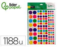 Gomets liderpapel autoadhesivo figuras de colores y tamaños surtidos bolsa de 10 hojas 1188 unidades